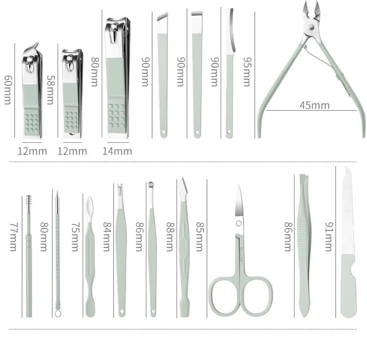 All Manicure and Pedicure Tools with Size and Measurement Details.
