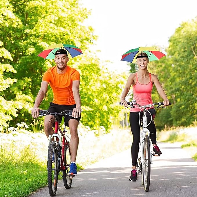 Hands-free umbrella hat used while cycling outdoors
