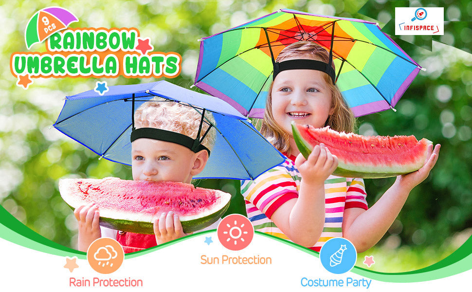 Kids eating outside on a sunny day with wearable hat umbrella for UV protection