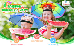 Kids eating outside on a sunny day with wearable hat umbrella for UV protection